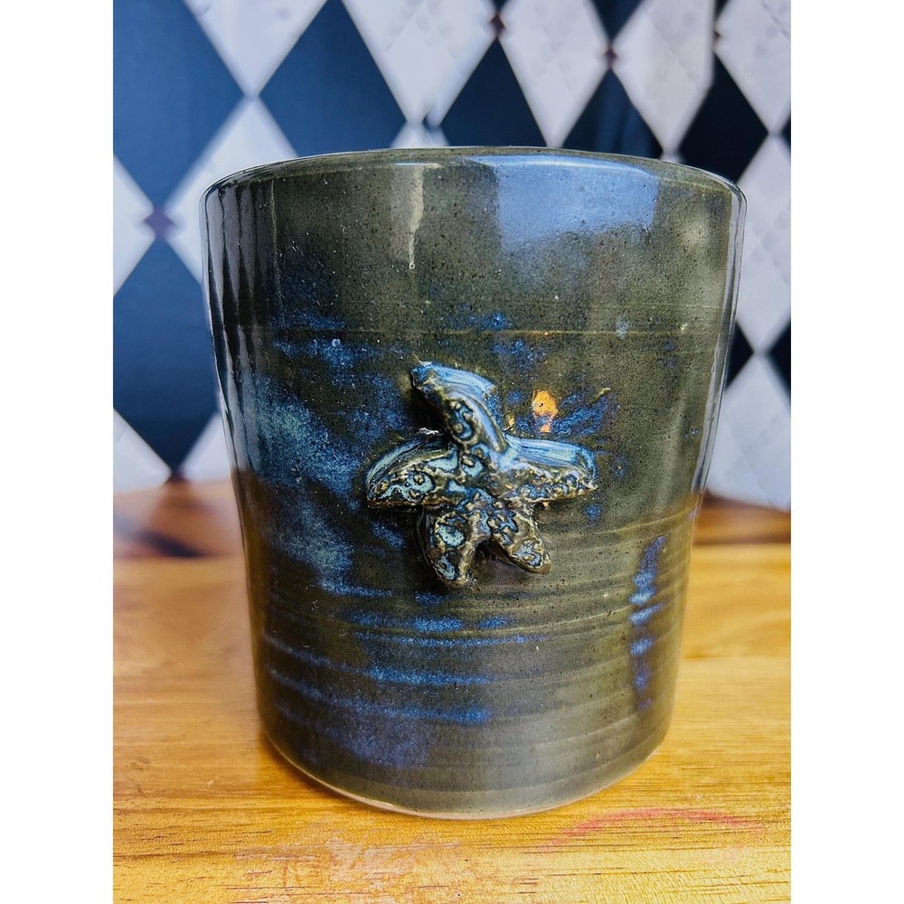 Signed Coastal Studio Pottery Green Blue Glazed Vase‎ Starfish Planter Ceramic